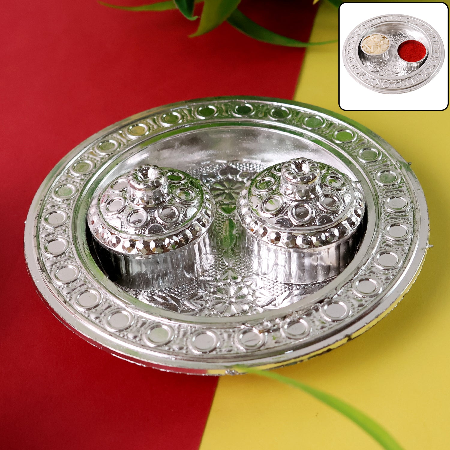 Small round Puja Thali holder with kumkum, made of special PU material, designed by Wukusy for religious rituals.
