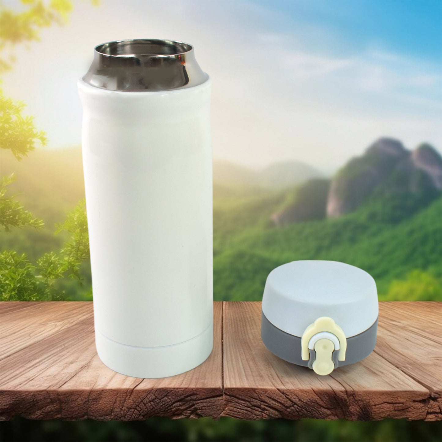 Insulated stainless steel kids' water bottle by Wukusy with colorful design and 350ml capacity, suitable for school and outdoor use.