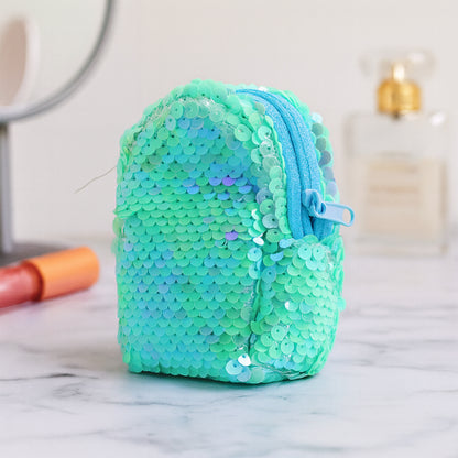 Mini sequin zipper pouch by Wukusy with shiny sequins and compact design for storing small accessories or coins.