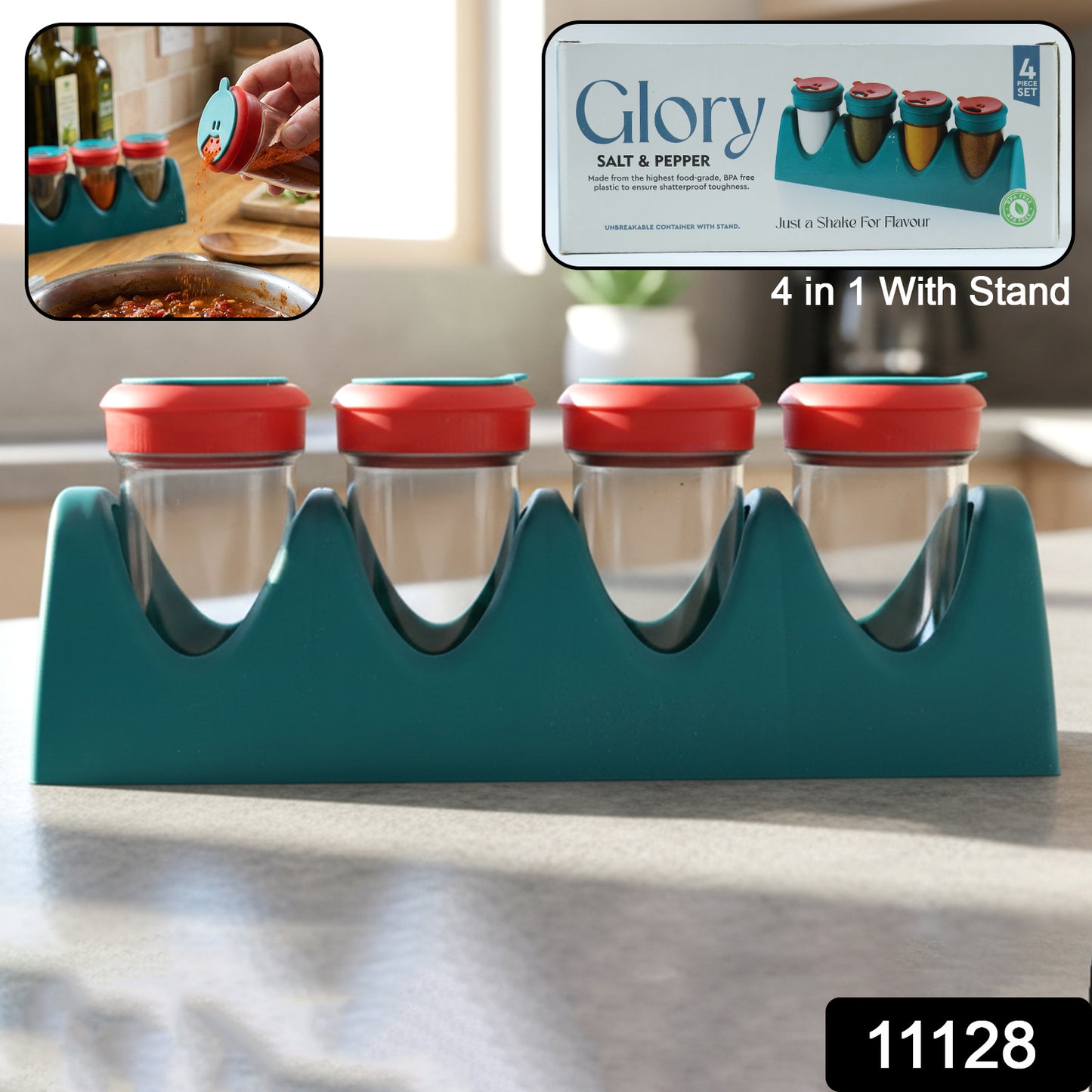 Wukusy 4-in-1 multipurpose spice shaker set with four compartments and a clear lid, ideal for seasoning in the kitchen