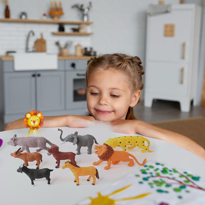 Wukusy Animal Kingdom plastic toy set for kids, 14 pieces including various animal figures on a colorful background.