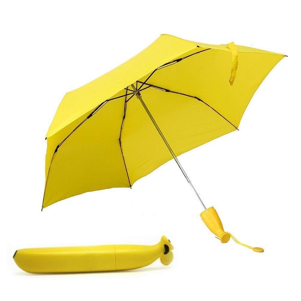 Wukusy stylish banana-shaped mini foldable travel umbrella open, compact design with vibrant yellow canopy and black handle.