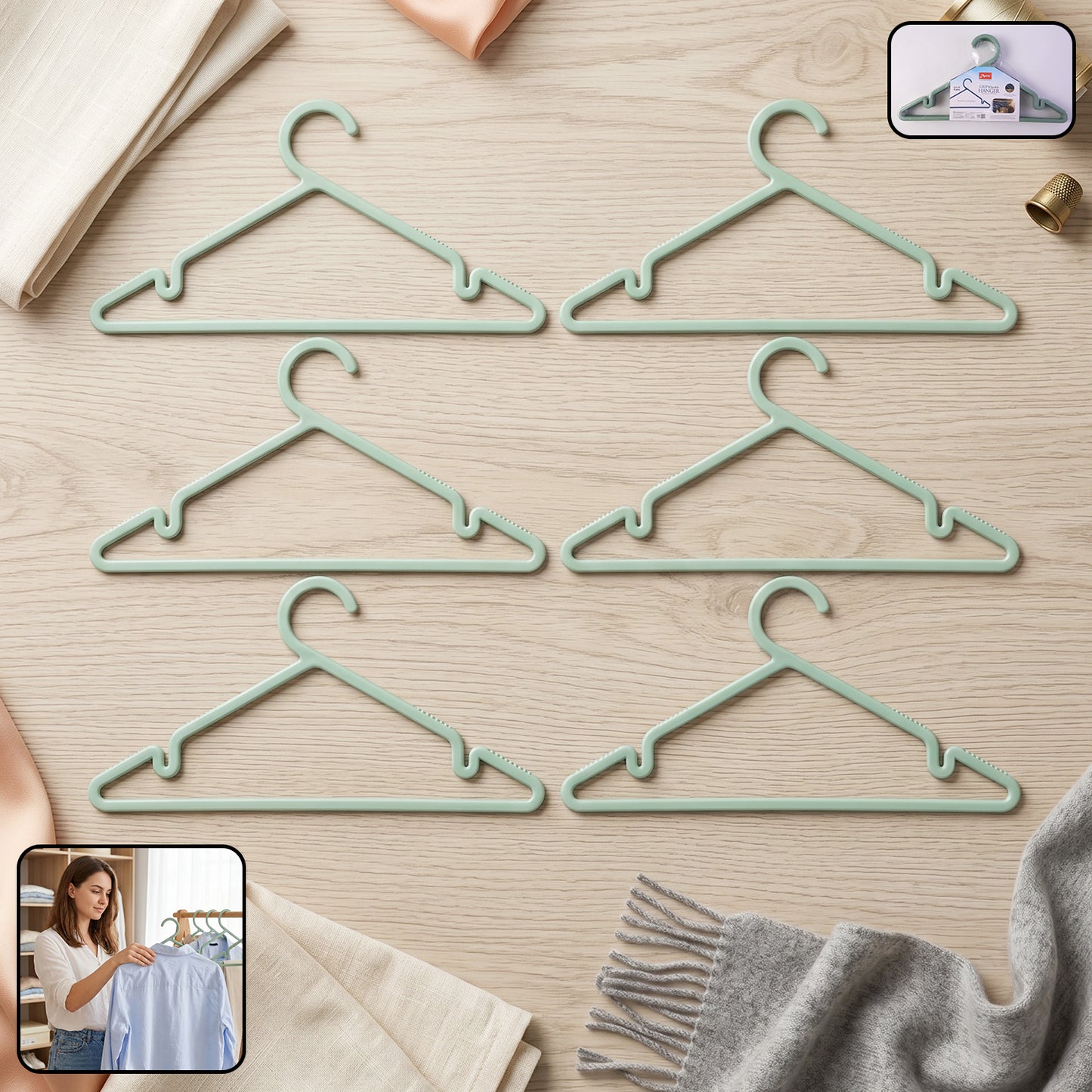 Six durable plastic Wukusy Apex Gripi cloth hangers for wardrobe organization, featuring a sturdy design for hanging clothes.
