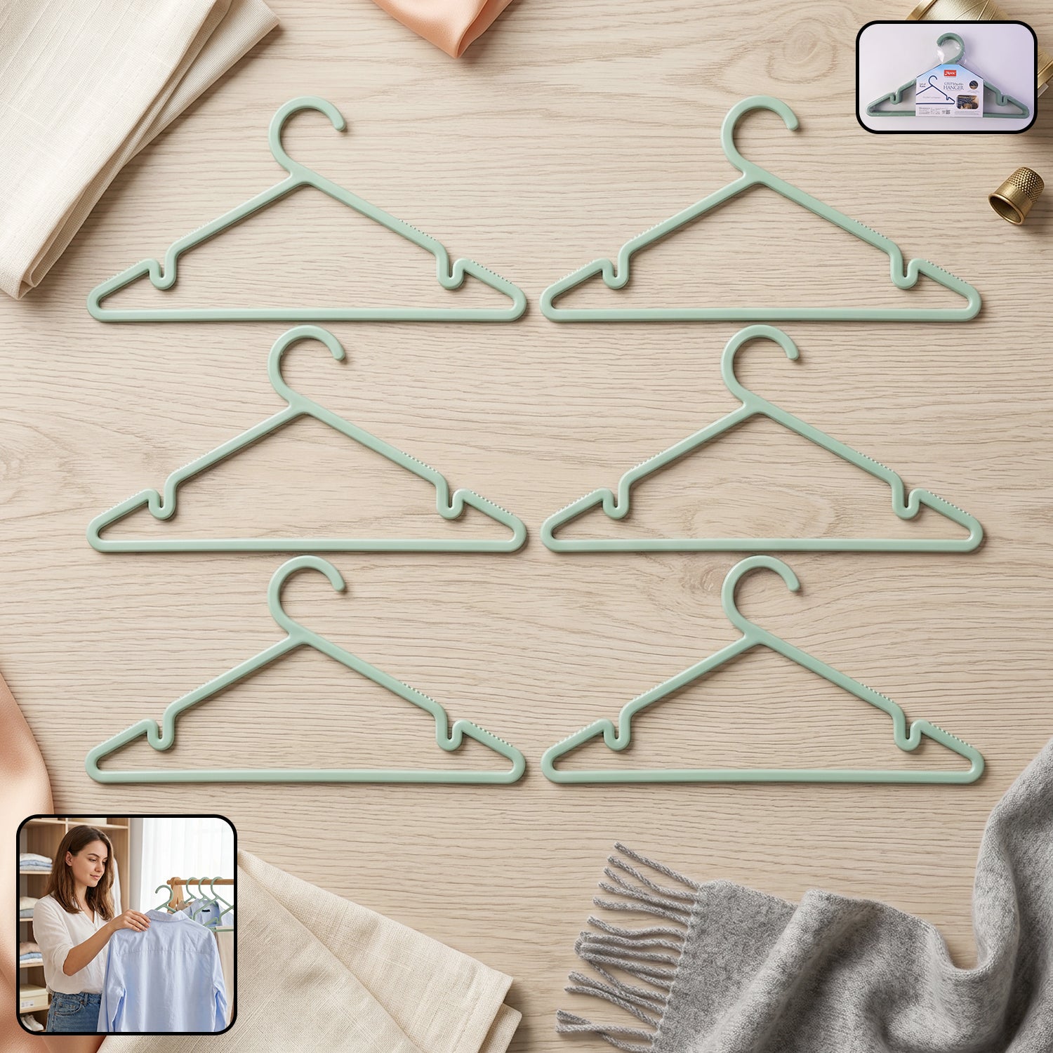 Six durable plastic Wukusy Apex Gripi cloth hangers for wardrobe organization, featuring a sturdy design for hanging clothes.