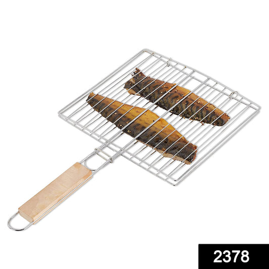 Wukusy Kitchen Square Roaster Papad Grill with wooden handle, ideal for barbecue and grilling small snacks or appetizers.