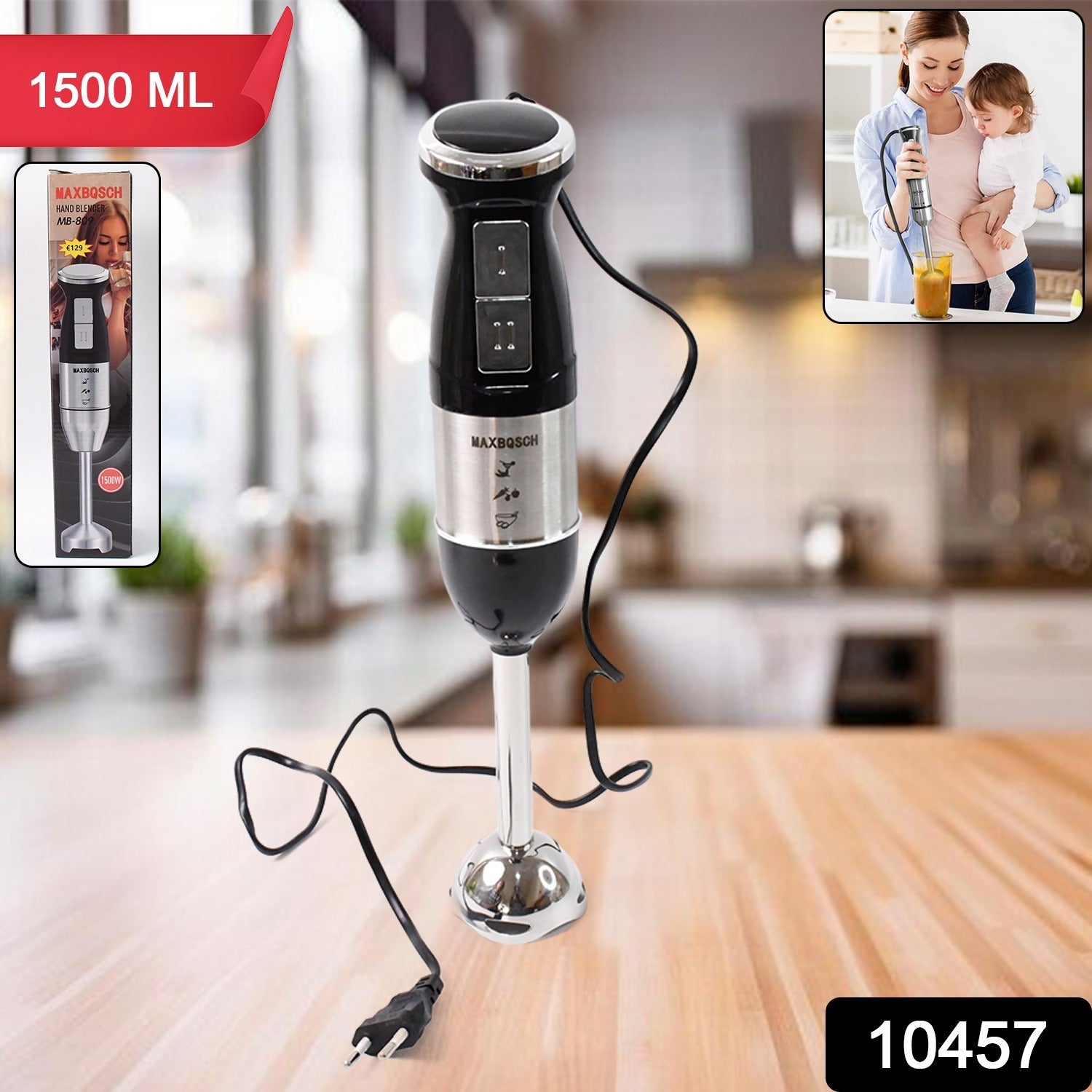 Wukusy stainless steel handheld emulsion blender with four-blade design, 1500W, shown blending ingredients in a kitchen setting.