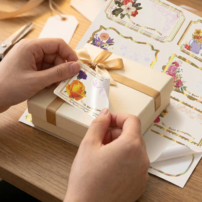 Wukusy floral foil gift tag stickers with compliment labels, 40-piece set for gifting and decorating presents.