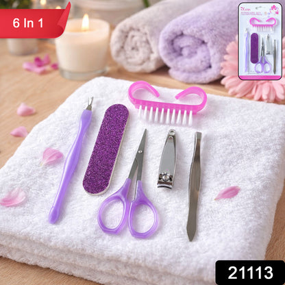Wukusy 6-in-1 manicure pedicure nail care kit with various tools for grooming and nail maintenance in a compact set