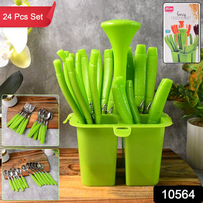 Wukusy Supermom 24-piece fancy cutlery set with matching holder, stainless steel forks, knives, and spoons for home dining.