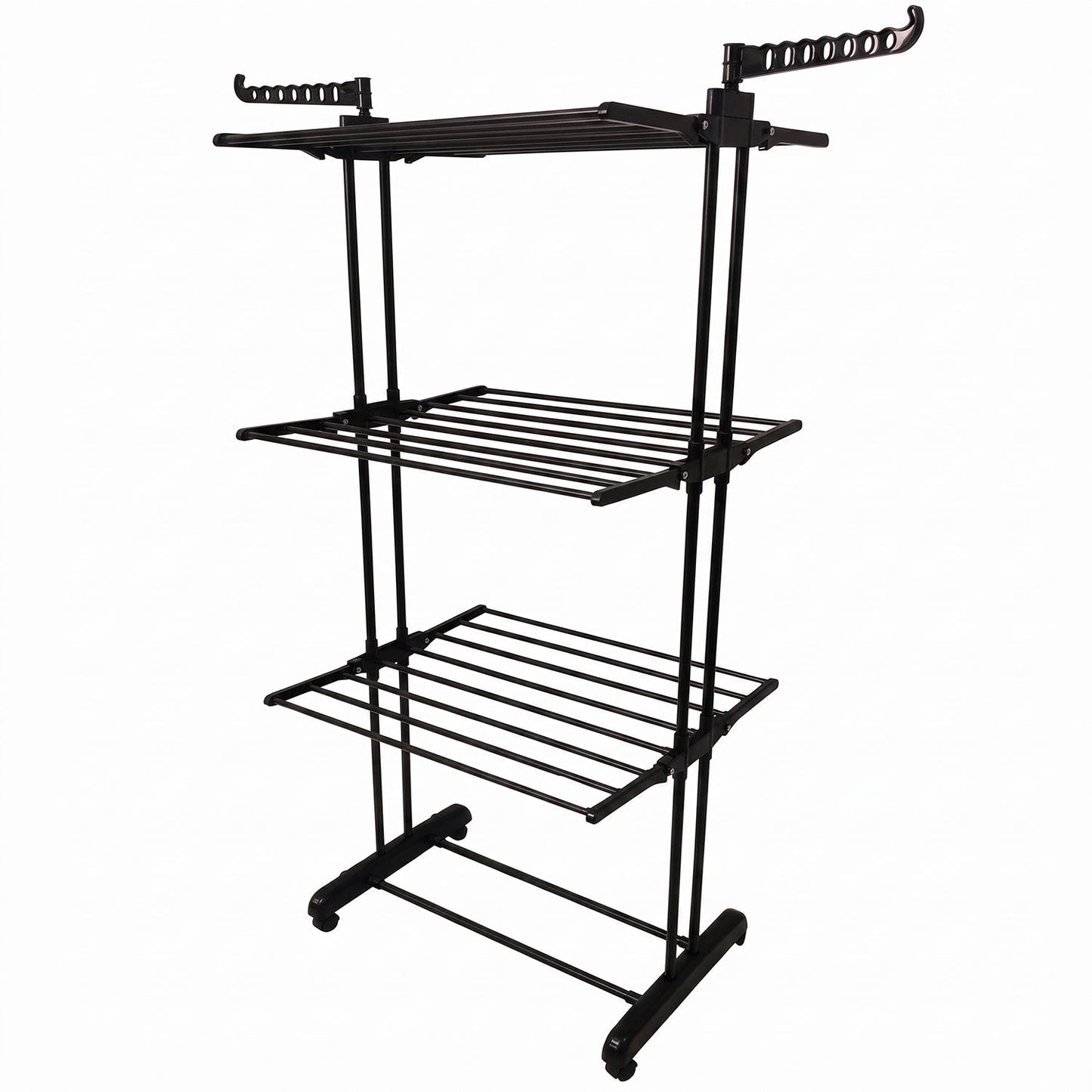 Wukusy metal expandable garment rack with three layers and wheels, used for hanging clothes and drying in a spacious laundry area.