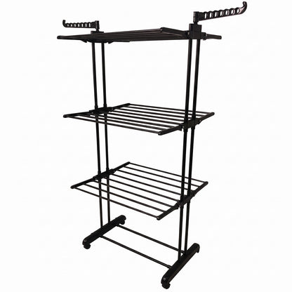 Wukusy metal expandable garment rack with three layers and wheels, used for hanging clothes and drying in a spacious laundry area.