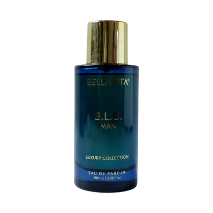 Bellavita Premium B.l.u. Man Eau De Perfume bottle by Wukusy, 100ml, with sleek design and elegant packaging.