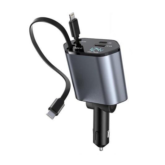 Wukusy 4-in-1 super fast car charger with dual USB ports and built-in cables, designed for mobile device charging in vehicles.