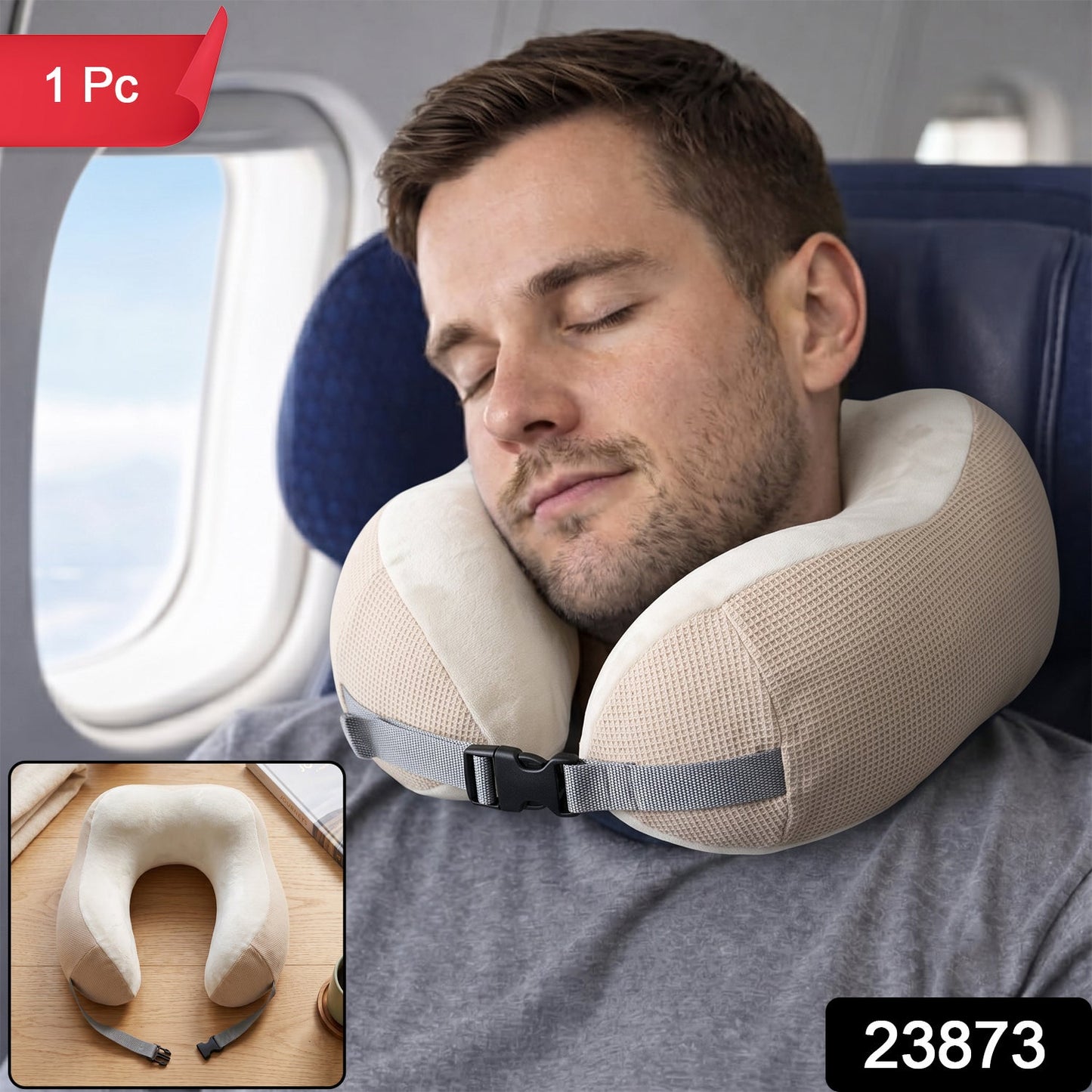 Beige U-shaped memory foam travel neck pillow with buckle strap by Wukusy, designed for comfortable support during travel.