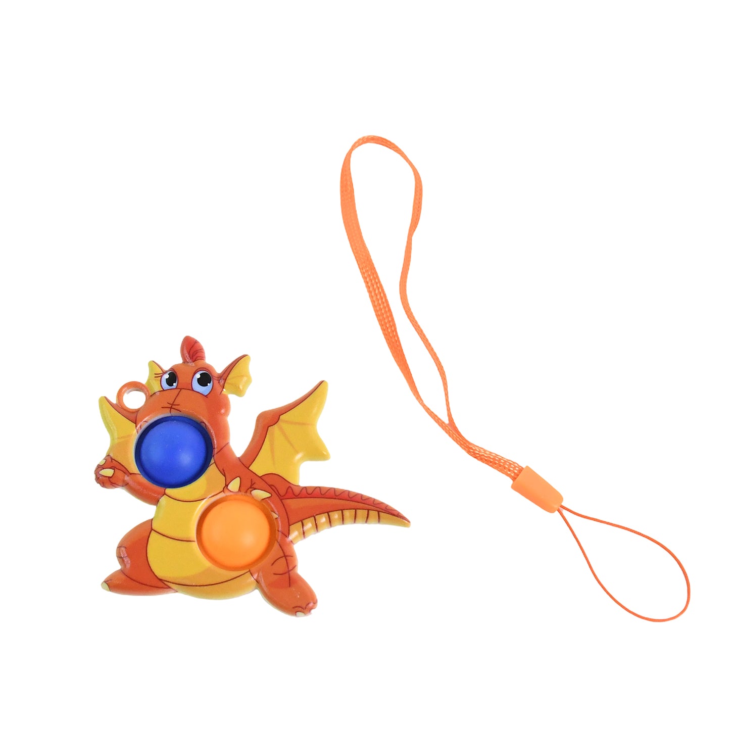 Dragon-shaped push pop fidget toy with two bubbles and strap, colorful Wukusy toy for sensory play and stress relief.