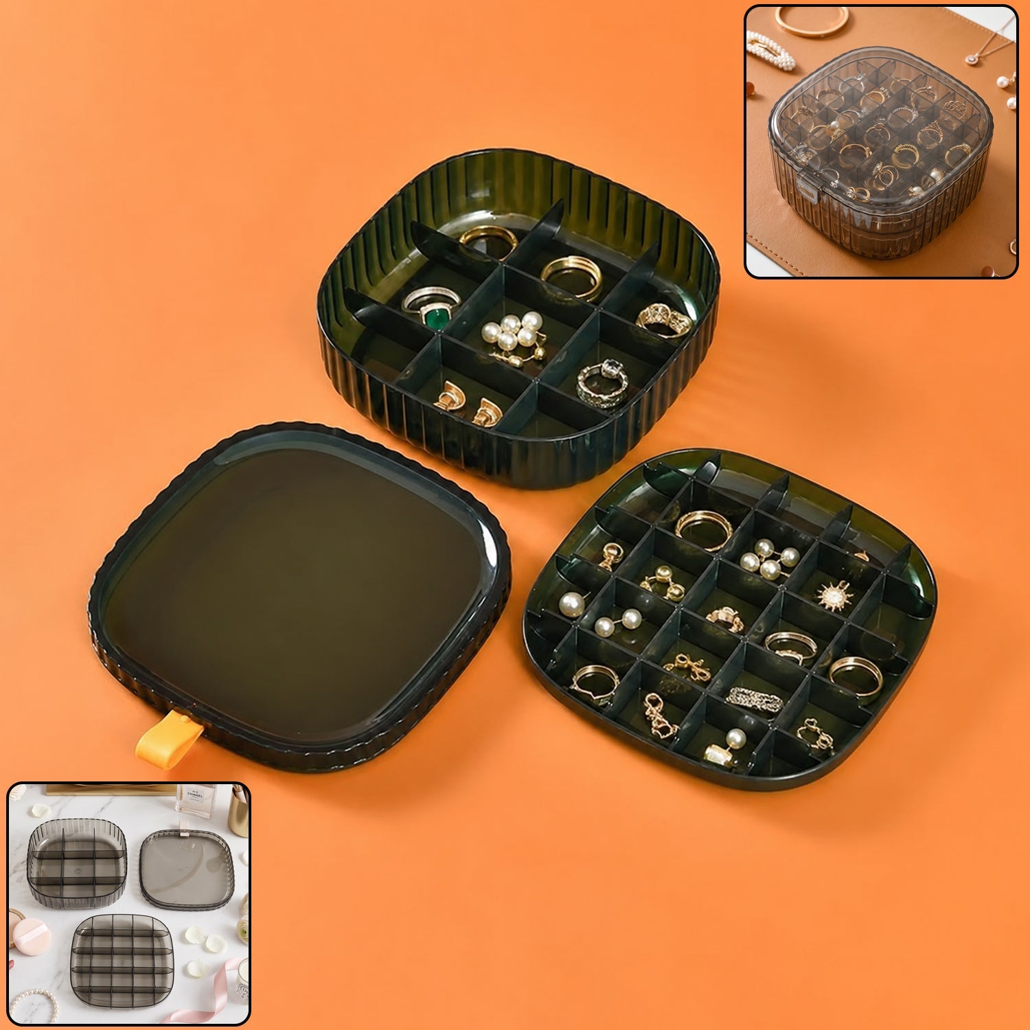 Wukusy plastic multi-compartment jewelry organizer box with stackable rings storage, showing divided sections for jewelry organization.