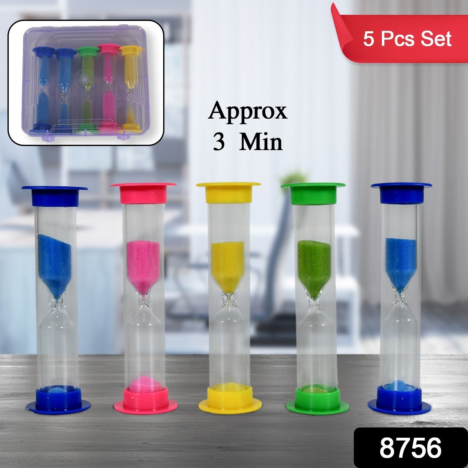 Wukusy plastic 3-minute sand timer clock set with five household sand clocks for kitchen, bathroom, and classroom use.