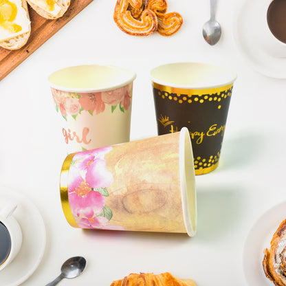 Set of three Wukusy disposable paper cups in mixed colors for tea and coffee, kitchen tool for hot beverages.