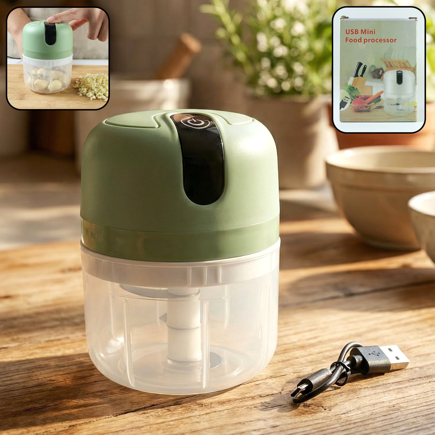 Wukusy mini electric food processor and vegetable chopper with 250ml capacity, showing the compact appliance and chopping blade.
