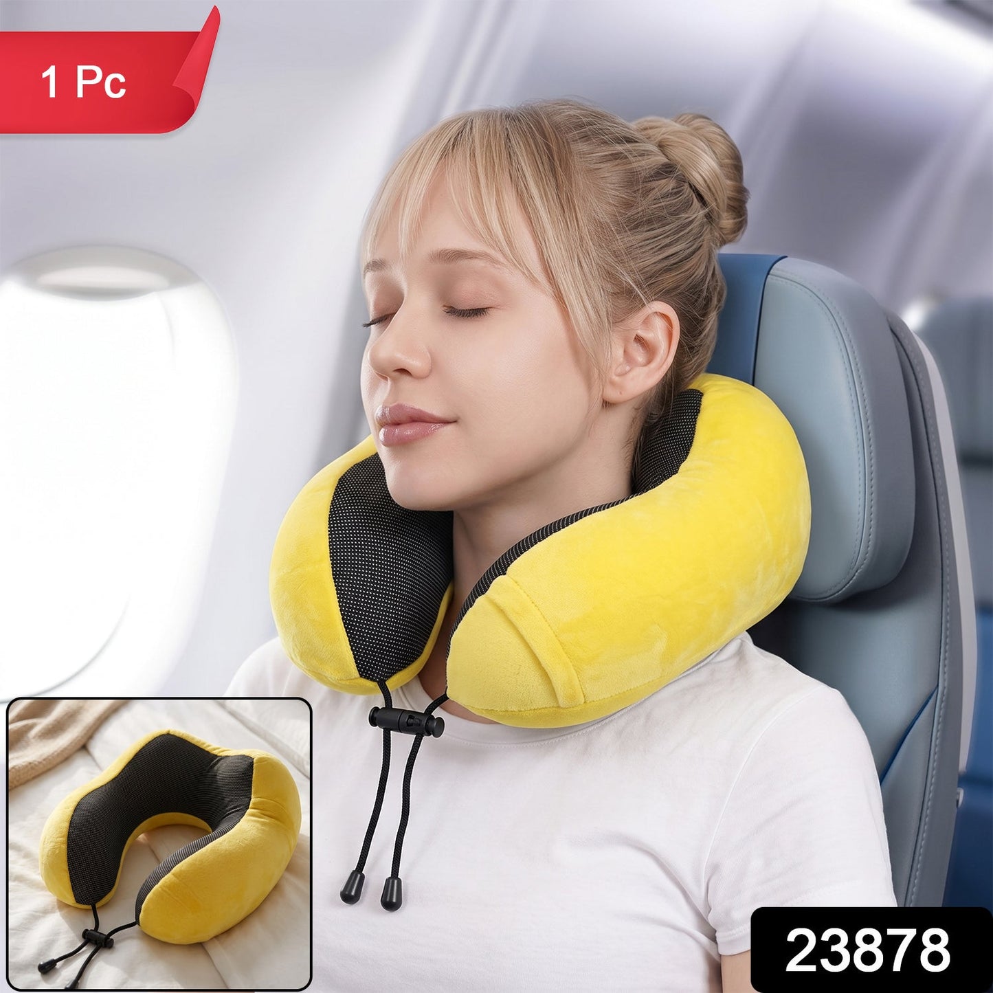 Yellow plush U-shaped travel neck pillow with drawstring, soft and supportive for comfortable rest during travel by Wukusy