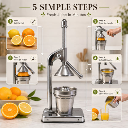 Wukusy heavy-duty manual citrus juicer hand press for lemons and oranges, featuring sturdy metal construction and ergonomic handle