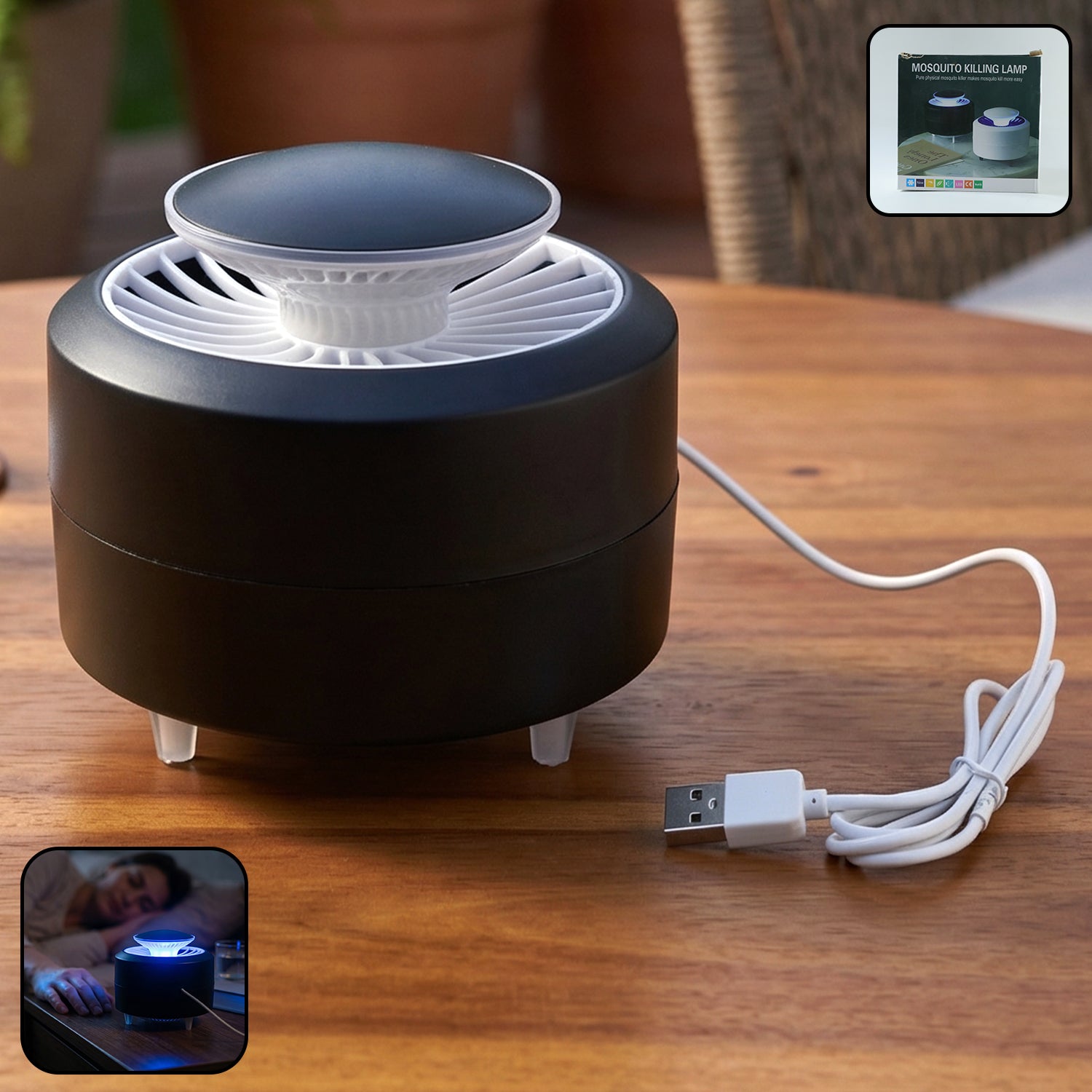 Wukusy electric mosquito killer lamp USB-powered trap with LED night light, designed to attract and eliminate mosquitoes indoors.