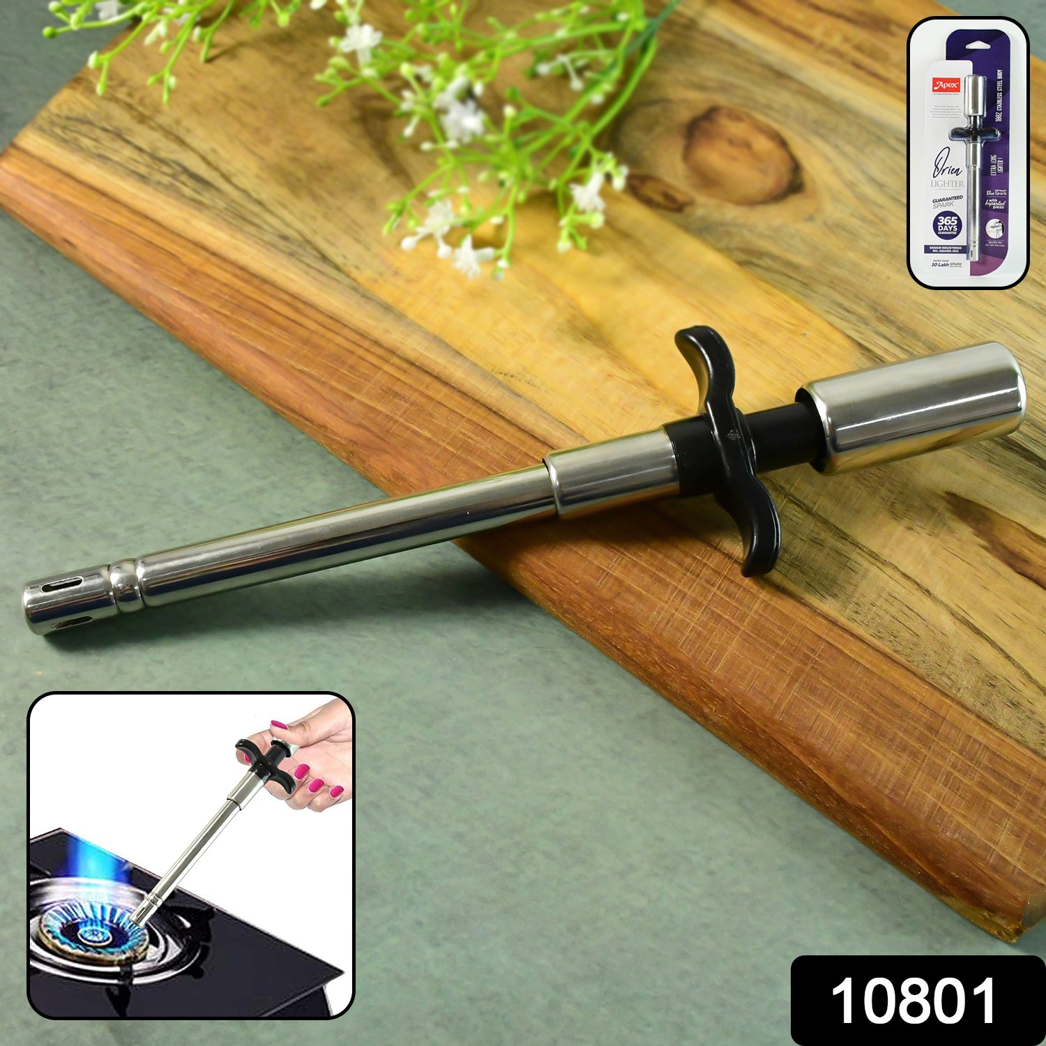 Wukusy Apex stainless steel kitchen gas stove lighter with ergonomic handle, designed for safely igniting gas stoves in home kitchens.