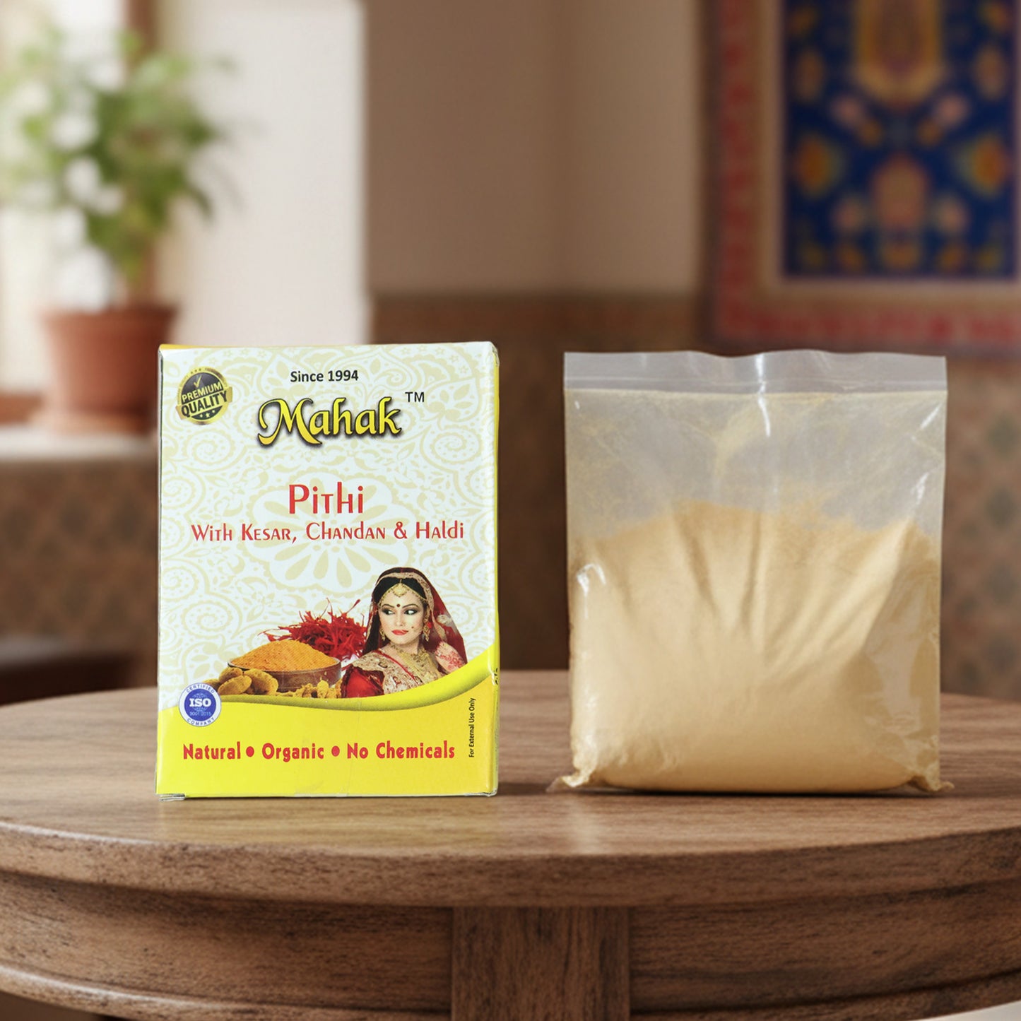 Traditional Wukusy Mahak Pithi for face and body in a 40 Gm container, showing the natural powder with a smooth texture.