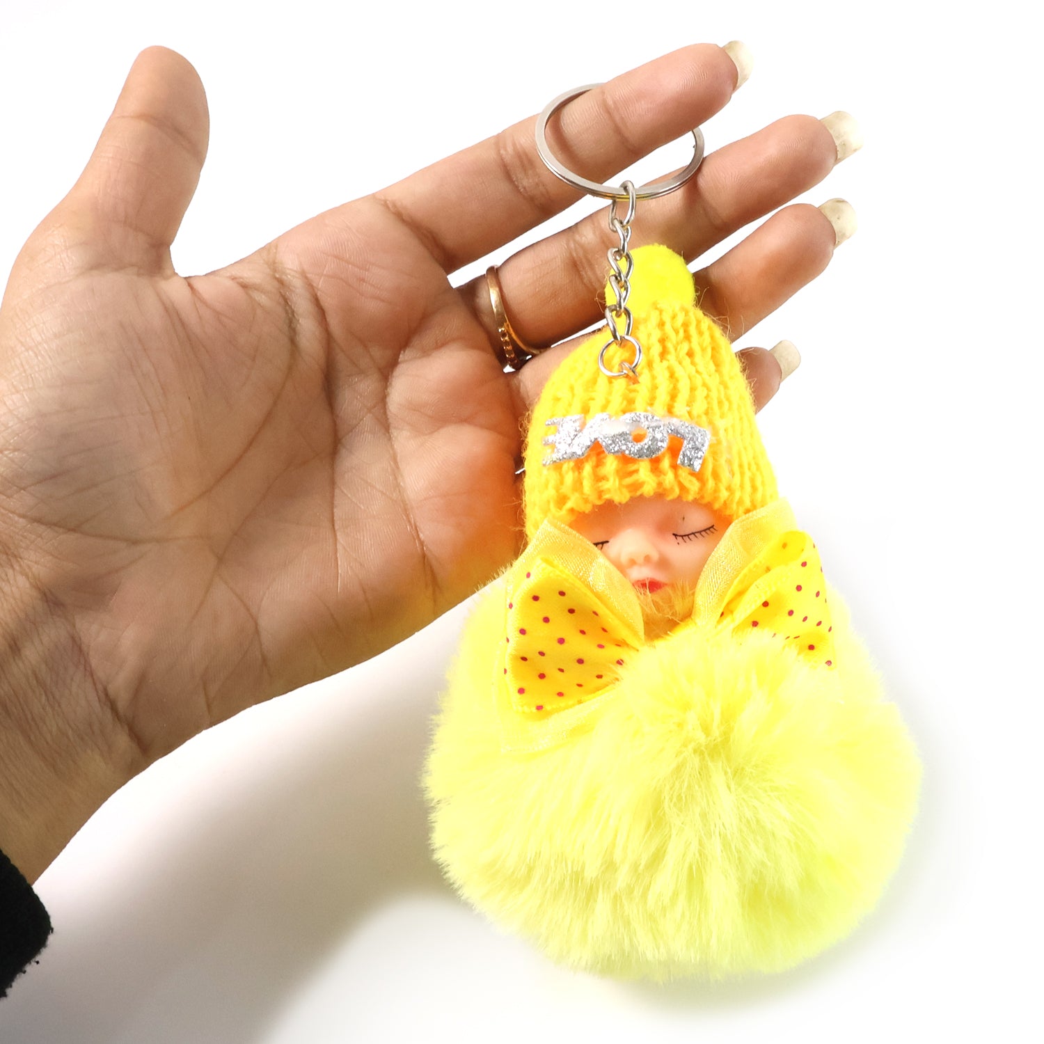 Wukusy cute plush doll keychain with soft fur ball, small and adorable accessory for bags or keys