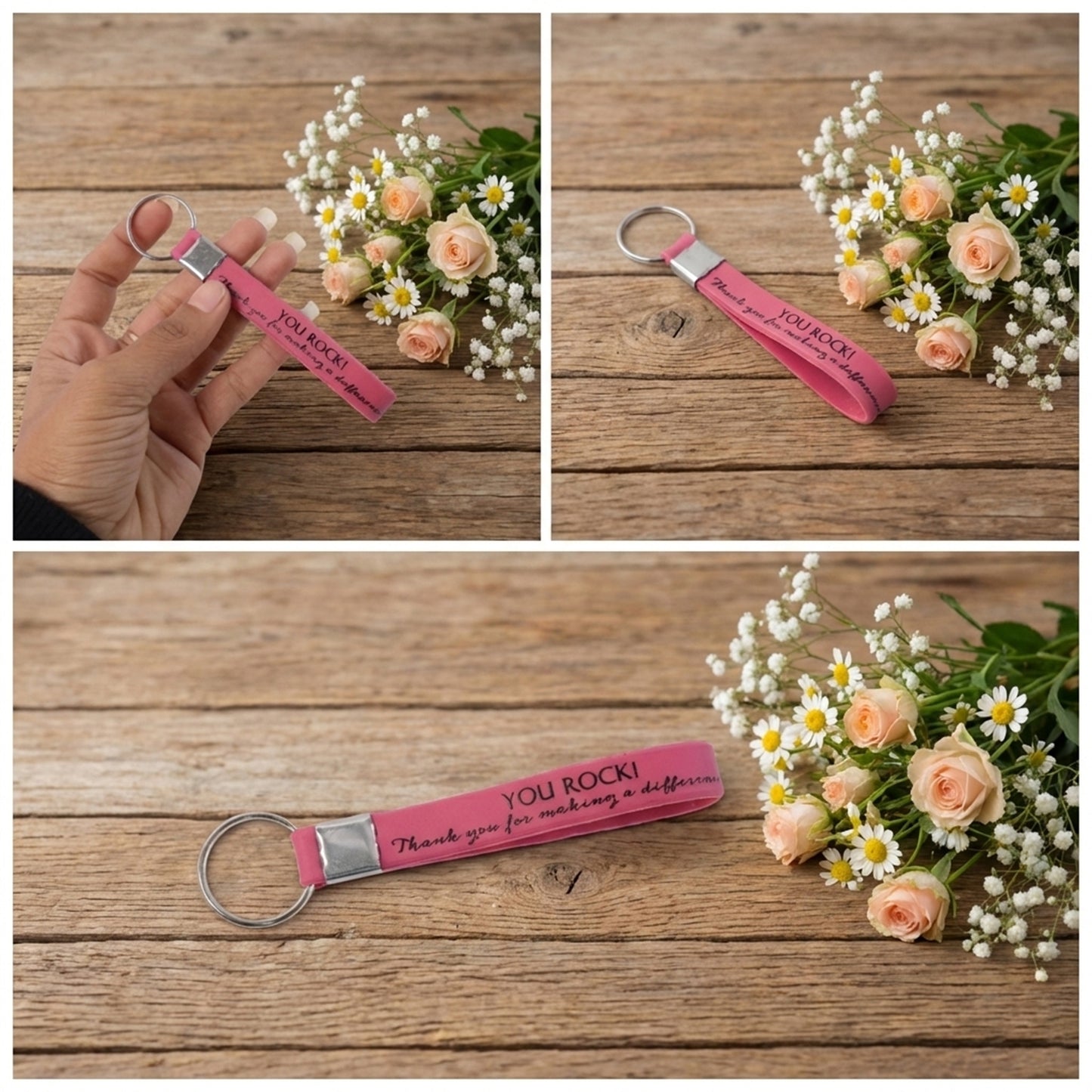 Wukusy motivational silicone wrist strap keychain in mixed colors, featuring an inspiring quote and durable design.