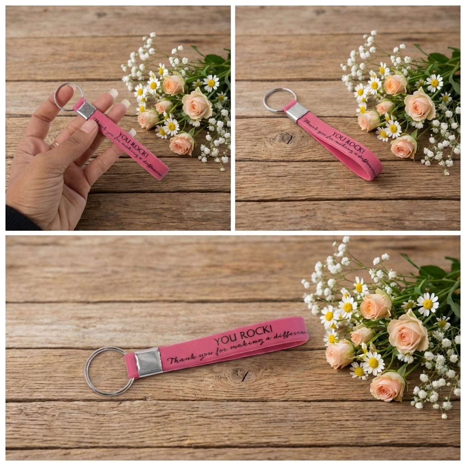 Wukusy motivational silicone wrist strap keychain in mixed colors, featuring an inspiring quote and durable design.