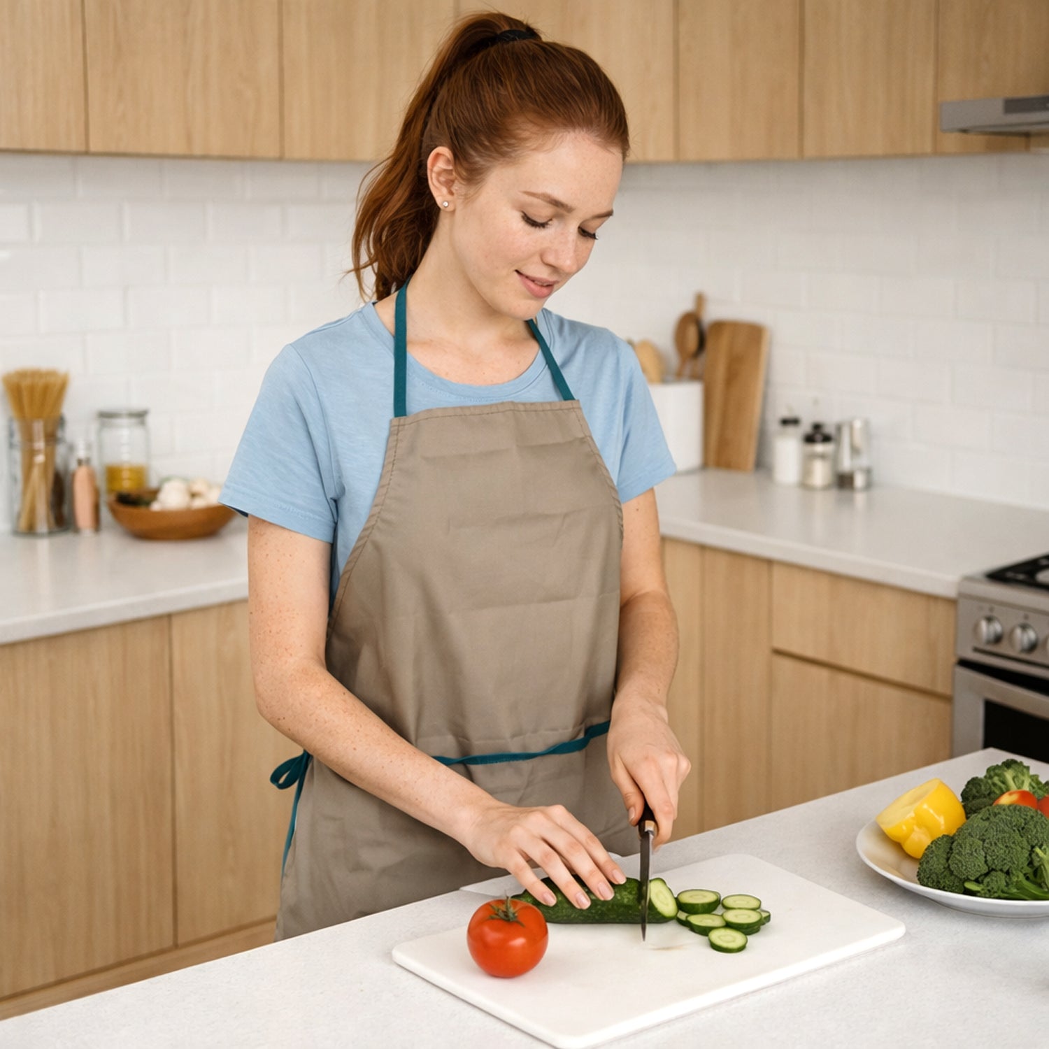 Wukusy multipurpose kitchen cooking apron in durable fabric, featuring adjustable neck strap and front pockets for versatile kitchen use.