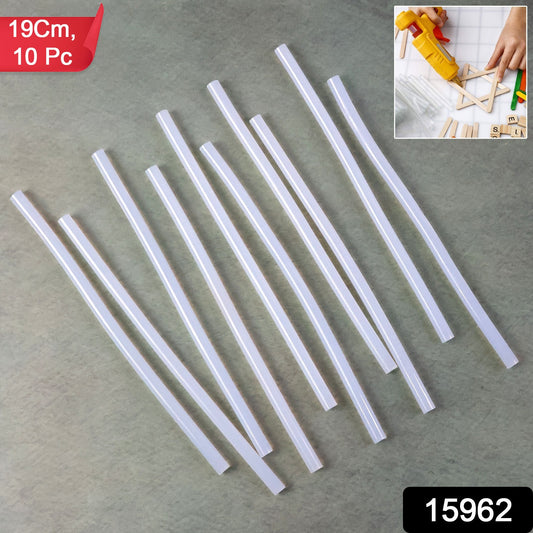 Set of 10 transparent hot melt glue sticks by Wukusy, ideal for crafts and bonding projects, shown in a clear image.