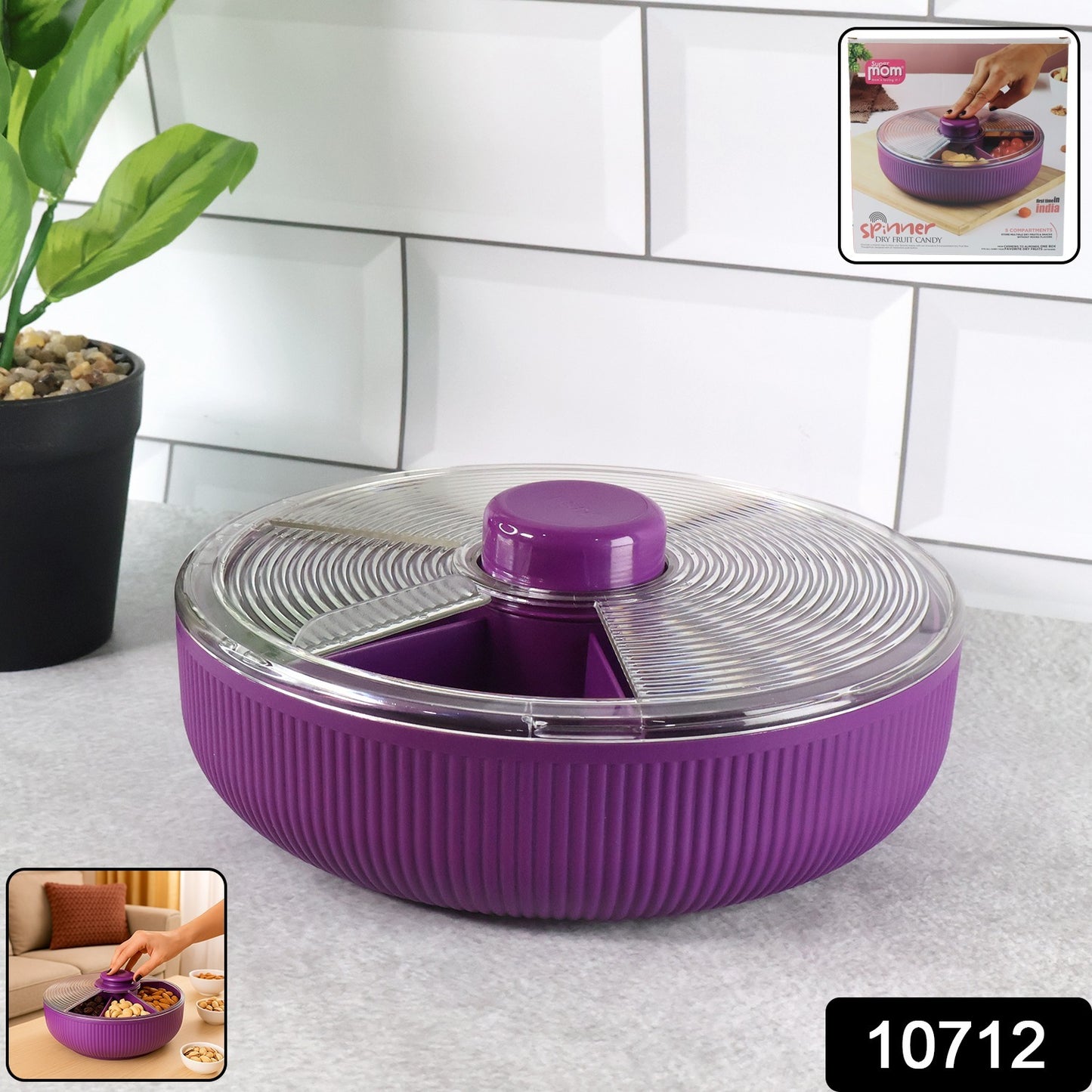 Wukusy Supermom multipurpose round rotating dry fruit snack storage container for kitchen organization.