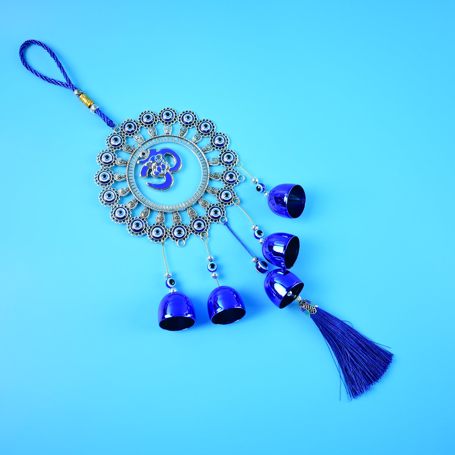 Decorative Om Evil Eye wind chime wall hanging with blue and white beads, featuring Om symbol and evil eye charm by Wukusy.