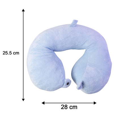 Blue U-shaped Wukusy travel neck pillow with plush fabric, providing soft head and neck support for comfortable travel.