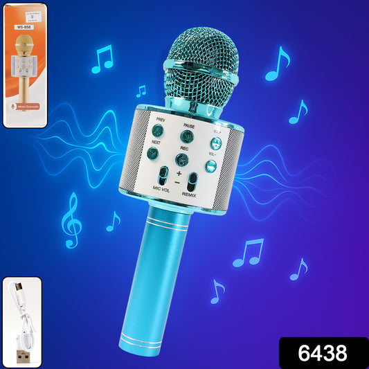 Wukusy 6438 wireless Bluetooth microphone and speaker in multicolor, with handheld condenser mic for audio recording and karaoke.