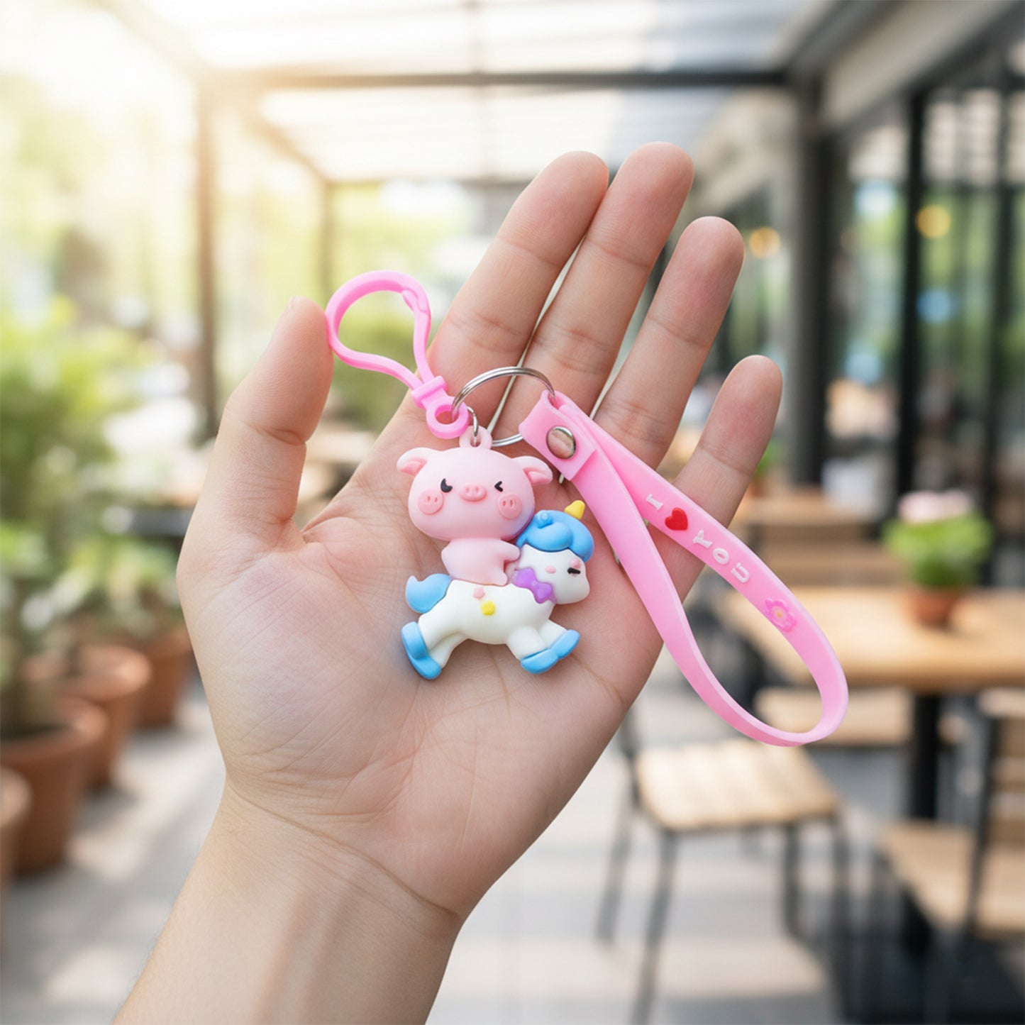 Wukusy cute pig riding a colorful cartoon unicorn keychain, detailed design, attached to a keyring, on a plain background.