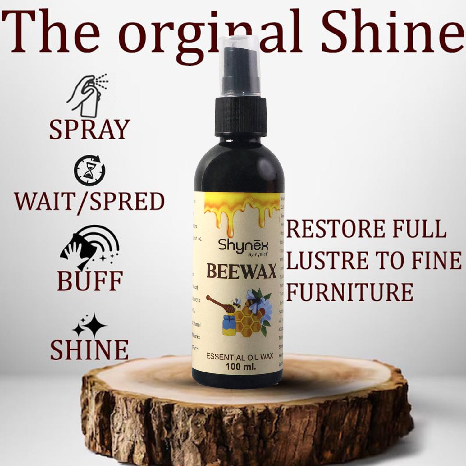 Wukusy Shynex Bee Wax Essential Oil Spray bottle with yellow cap, showcasing the product label and spray nozzle.