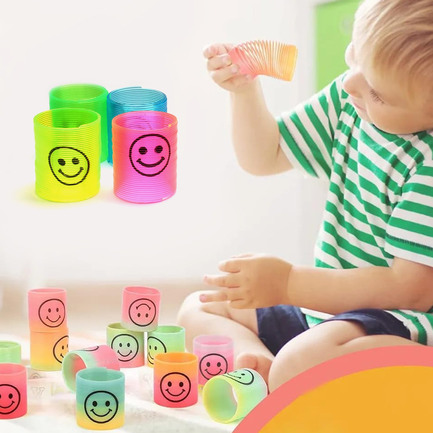 Set of 12 multicolor Wukusy magic smiley spring toys, portable and easy to carry, perfect for kids' birthdays and fun play.