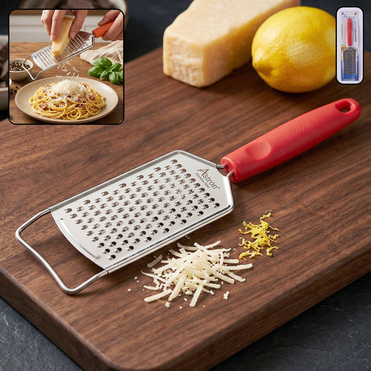 Wukusy handheld cheese grater with plastic handle, ideal for vegetables and lemon zest, shown in close-up on a white background.