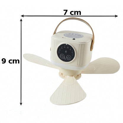 Rechargeable camping fan with LED light, timer, and hanging hook by Wukusy, showing the fan's compact design and control buttons.
