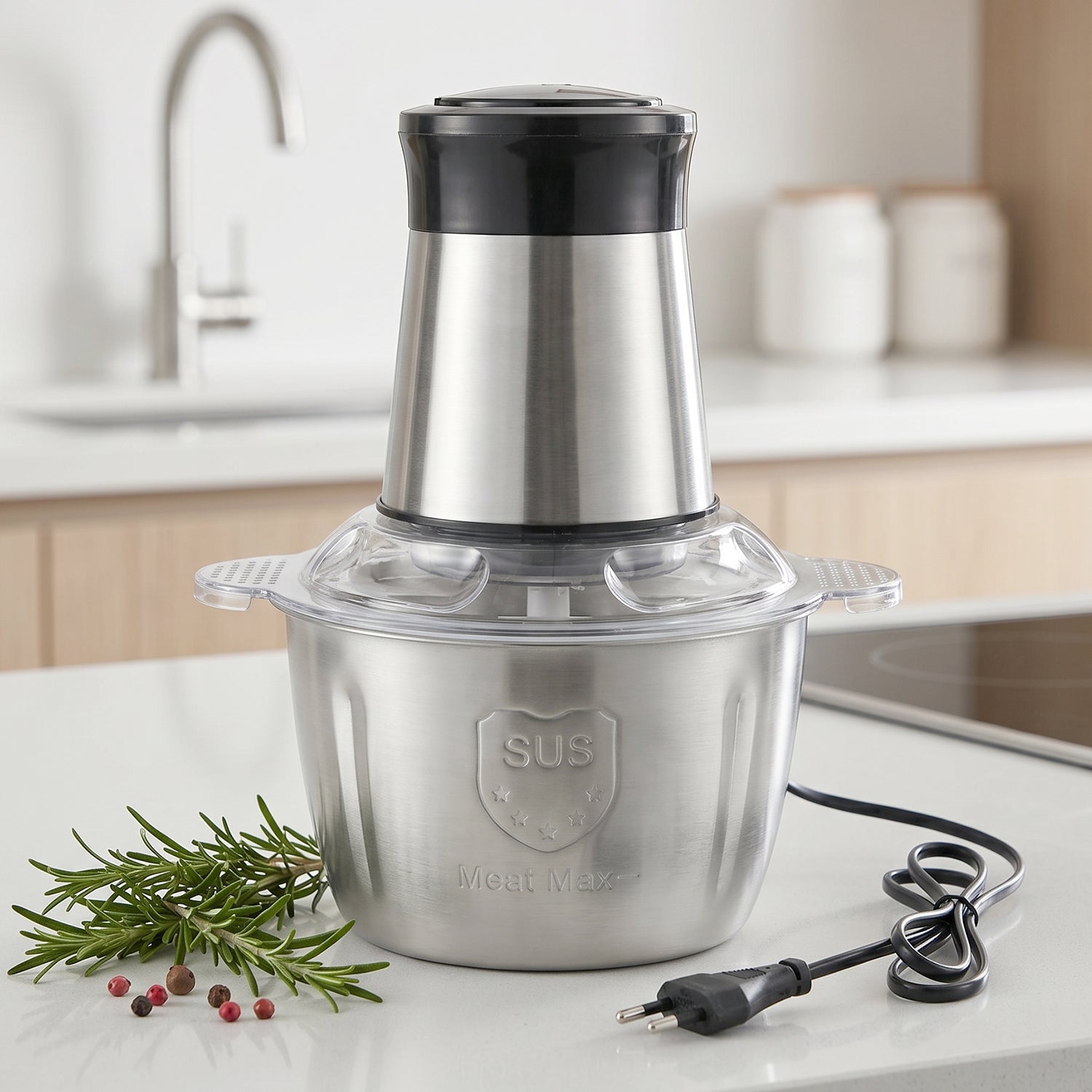 Wukusy electric 2L food processor with vegetable chopper and mixer grinder, compact kitchen appliance on a countertop