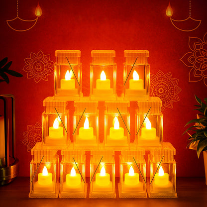 Set of 12 Wukusy LED storm lantern decorative lights for home decor, featuring vintage-style metal and glass lanterns.