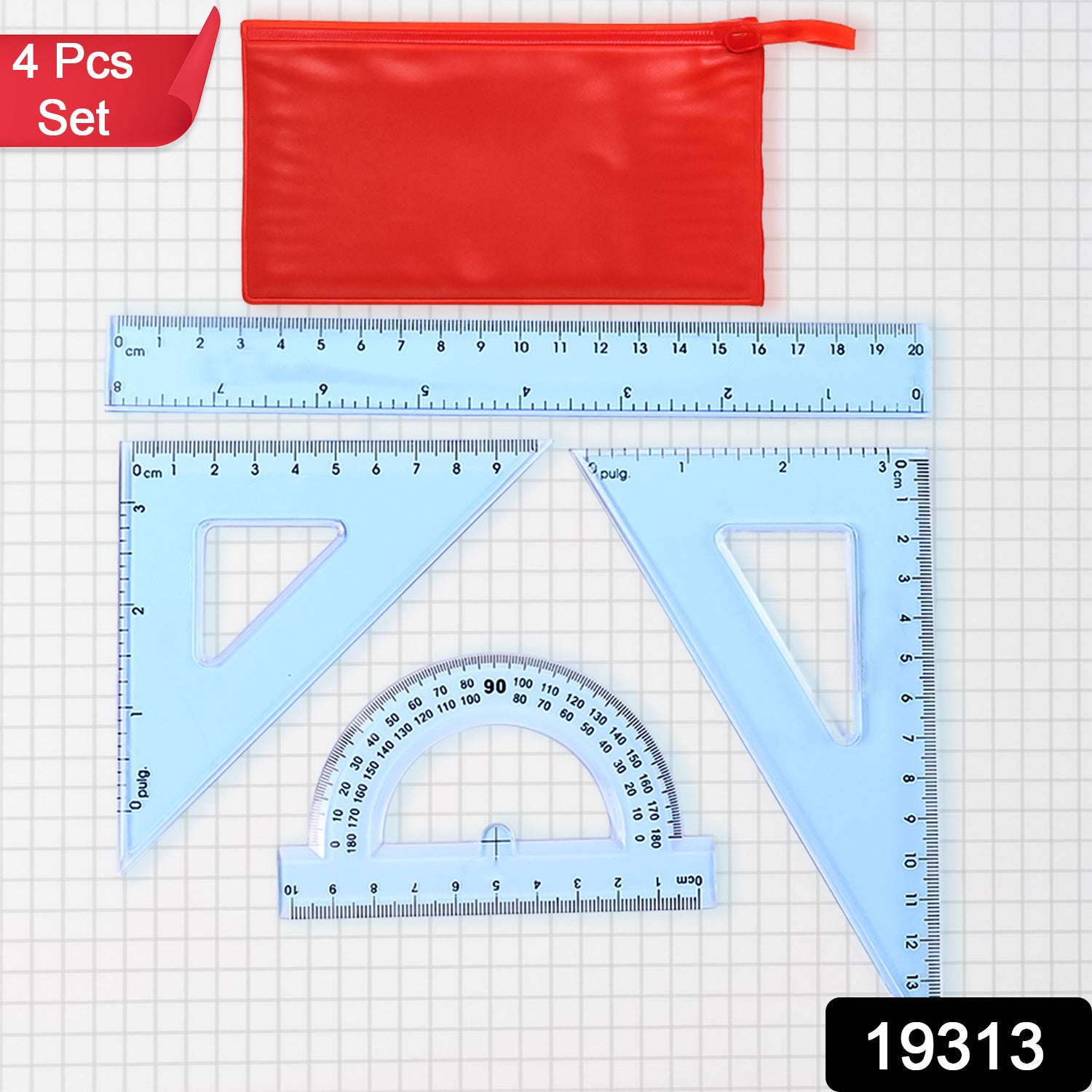 Wukusy 4-piece transparent geometry instrument set with rulers, including compasses, protractor, and straightedge for office and educational use.
