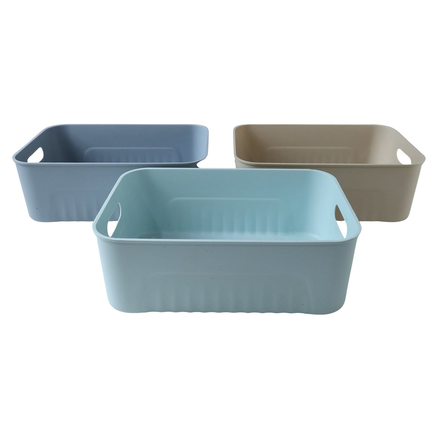 Set of three Wukusy space storage plastic baskets, versatile organizer bins for home, office, or closet organization.