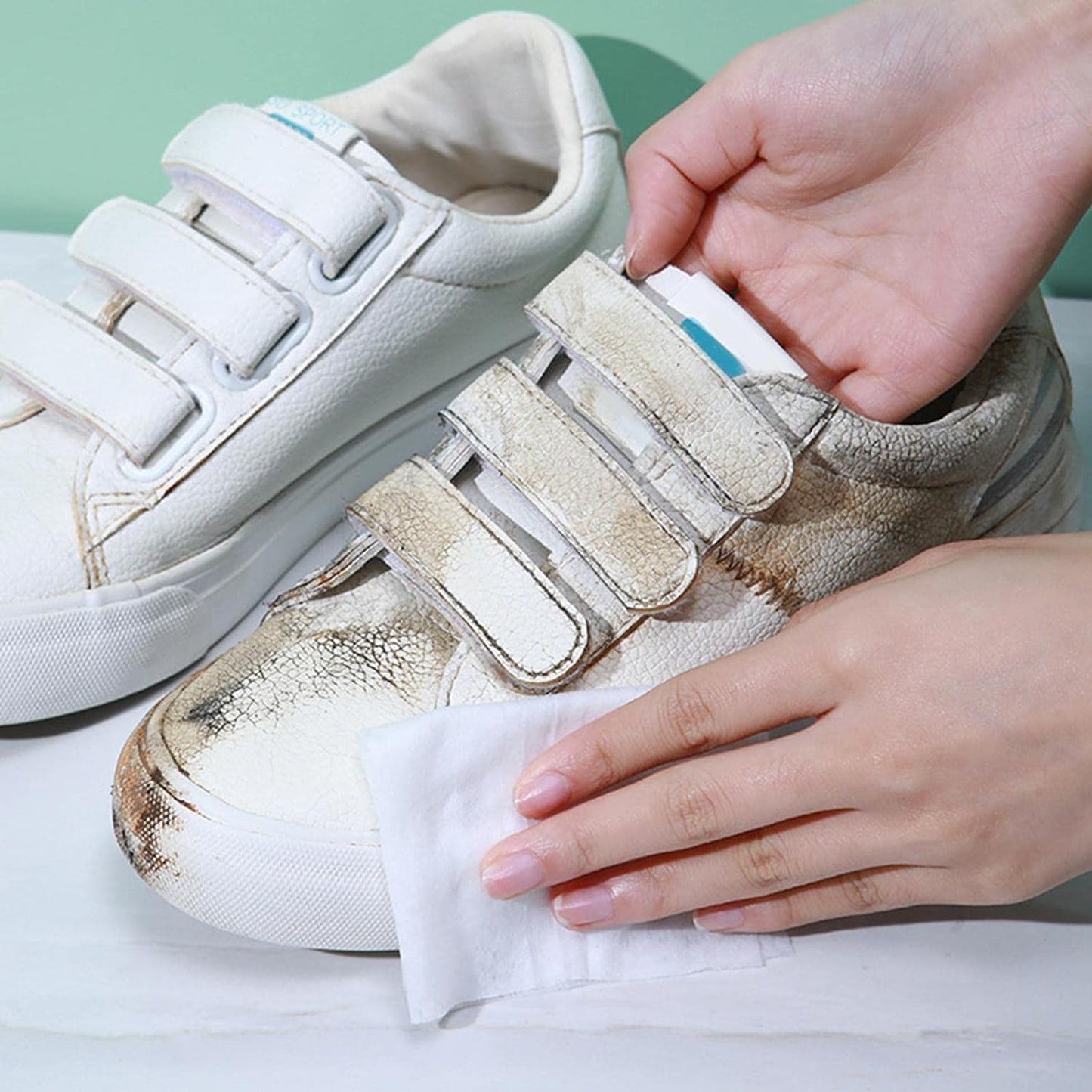 Wukusy shoe cleaning wet wipes for sneakers, fast scrubbing and stain removal, disposable portable wipes for dirt and grime.