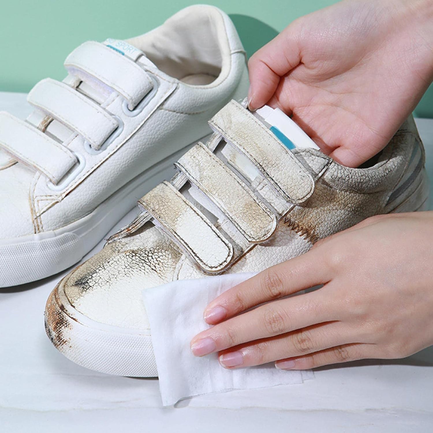 Wukusy shoe cleaning wet wipes for sneakers, fast scrubbing and stain removal, disposable portable wipes for dirt and grime.