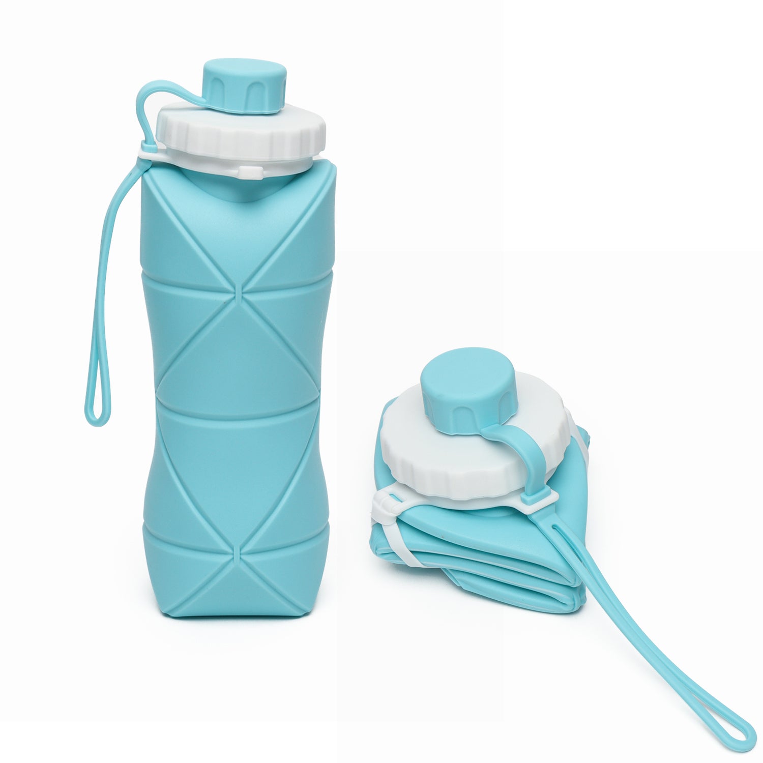 Wukusy 600ml collapsible silicone water bottle for travel, sports, gym, and office use, shown in a compact, flexible design.