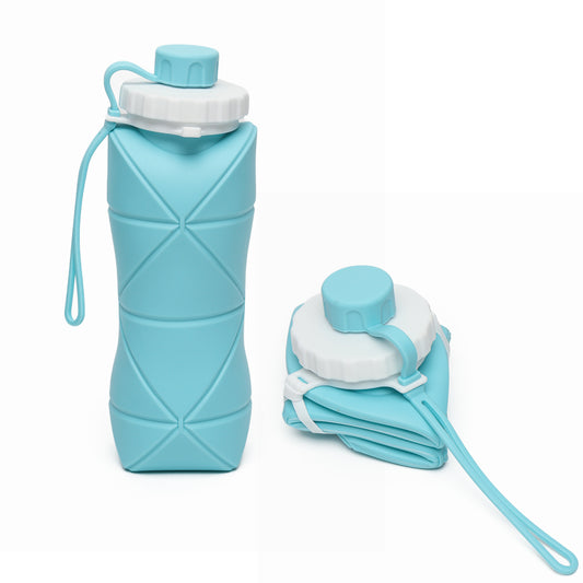 Wukusy 600ml collapsible silicone water bottle for travel, sports, gym, and office use, shown in a compact, flexible design.